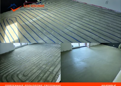 Kolaż zdjęć przedstawiający etapy instalacji ogrzewania podłogowego frezowanego. Na górnym zdjęciu widoczne są niebieskie rurki grzewcze ułożone w spiralny wzór w rowkach w podłodze. Na dolnym lewym zdjęciu rurki zostały częściowo zalane szarą masą, a na dolnym prawym zdjęciu widać gładką, równą posadzkę po całkowitym zalaniu. Na zdjęciu widać logo firmy "eco-grzanie.pl" i napis "Ogrzewanie podłogowe frezowane".