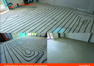 Zdjęcie przedstawia cztery ujęcia z procesu montażu ogrzewania podłogowego frezowanego. W lewym górnym rogu widoczne są wyfrezowane rowki w szarym betonie. W prawym górnym rogu widać wężownice z rurek układane w wyfrezowanych rowkach. Lewy dolny obraz przedstawia szerszy plan z ułożonymi rurami grzewczymi. Prawy dolny obrazek pokazuje ostateczny wygląd podłogi po wylaniu jastrychu i zakończeniu prac. W dolnej części obrazu znajduje się czerwony pasek z logo i napisem "OGRZEWANIE PODŁOGOWE FREZOWANE" oraz adresem strony internetowej "eco-grzanie.pl".